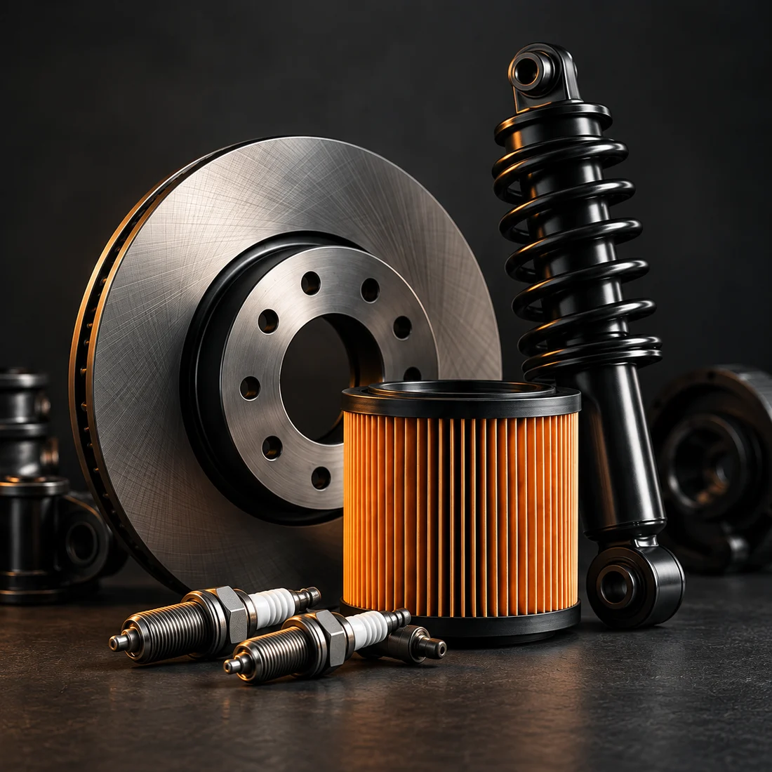 Illustrative arrangement of a brake rotor, shock absorber, air filter and spark plugs